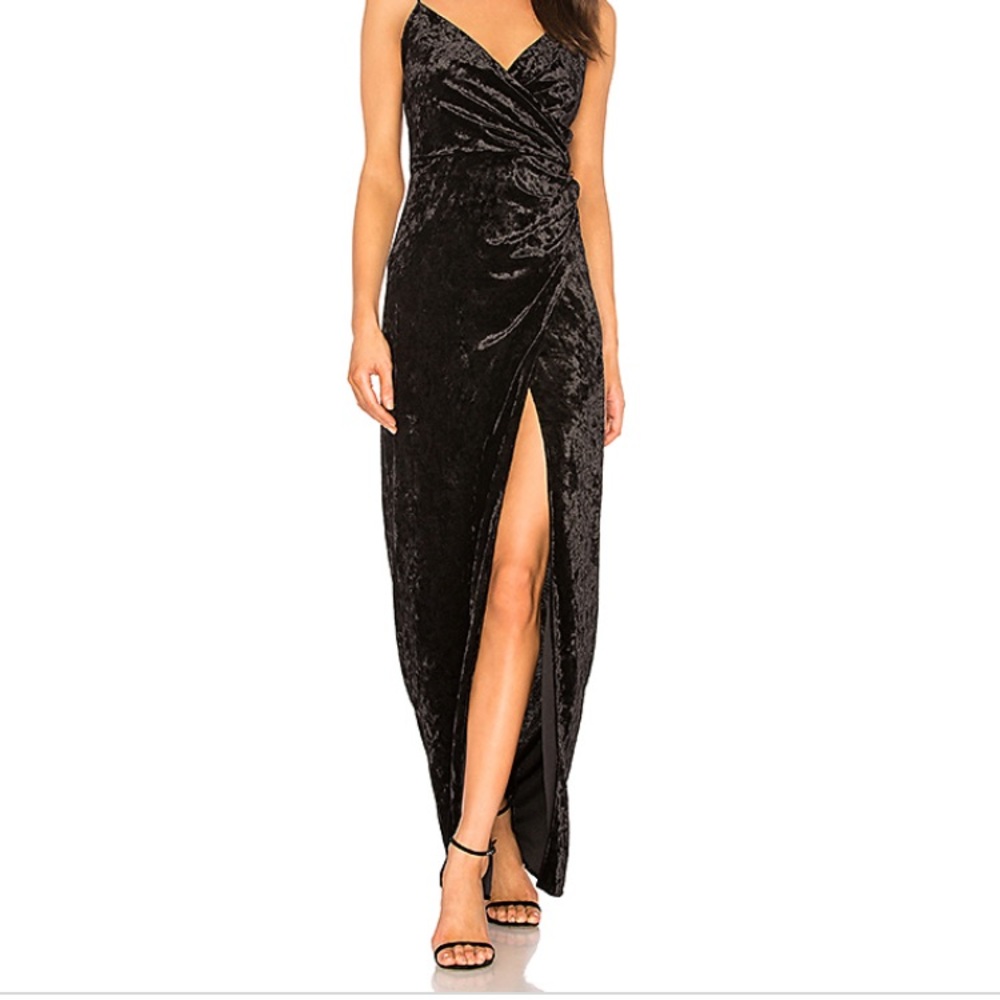 Black velvet gown with dramatic leg slit